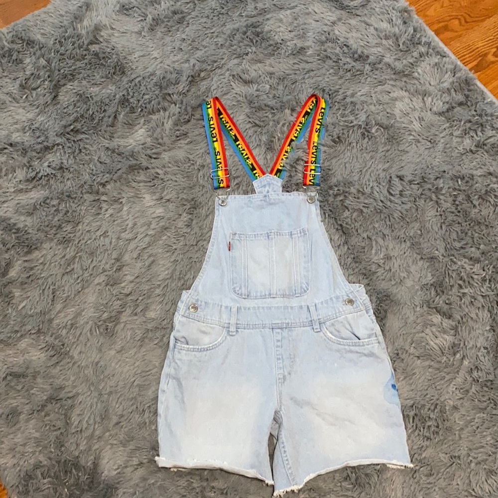 Jean overalls shorts with 🌈 straps size 14 girls